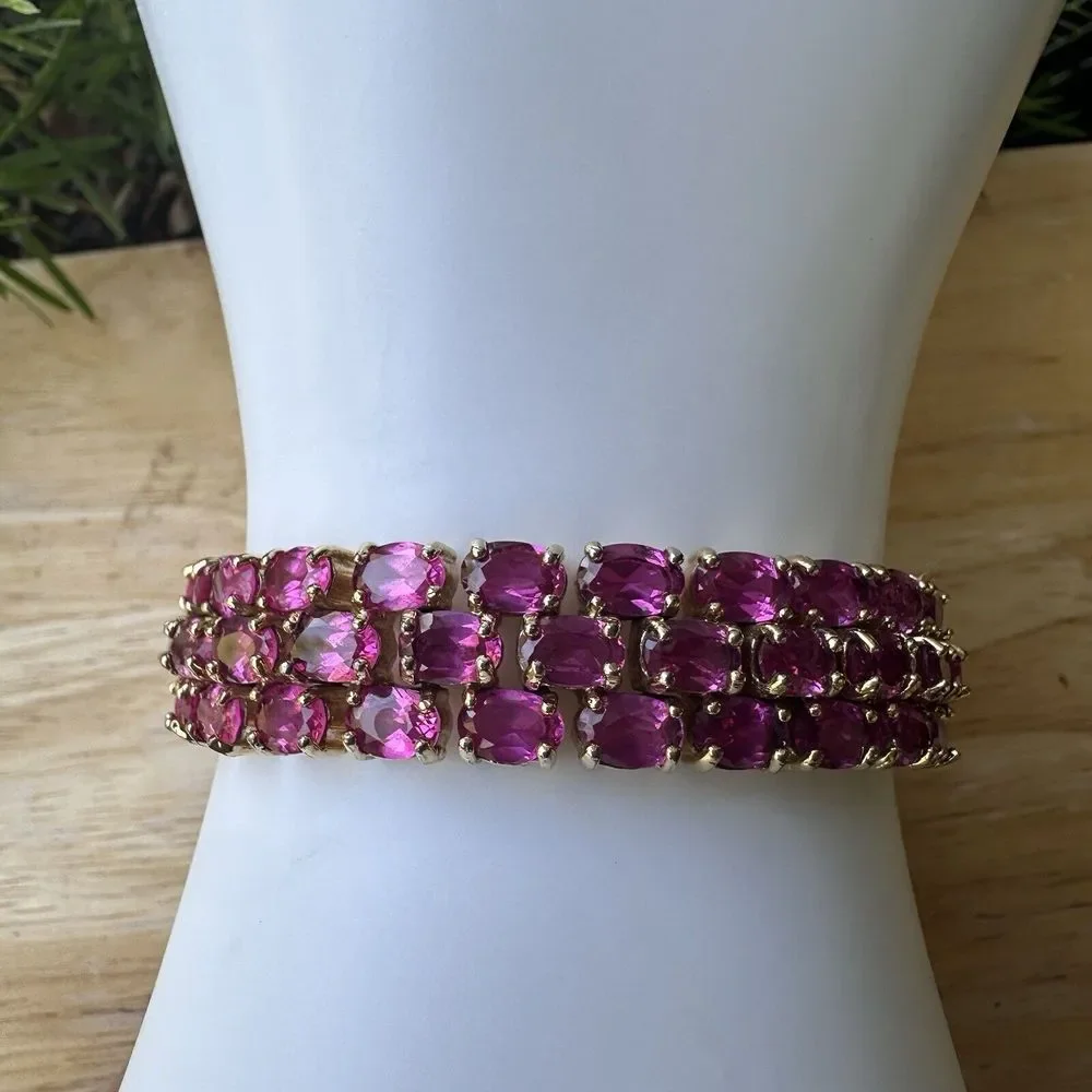 Link Bracelet Lab Pink Sapphires 3 Tier Size 7 Gold Plated Sterling Silver 42.7g